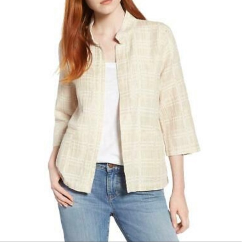 EILEEN FISHER Petite Organic Cotton Linen Tan Open Blazer Jacket PP